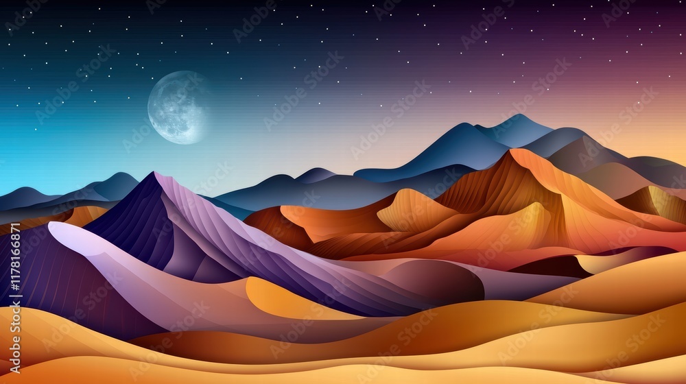 A vibrant mountains vector design featuring layered contours, bold earthy tones, and a stylized moonlit sky. A vibrant mountains vector design featuring layered contours, bold earthy tones, and a stylized moonlit sky.