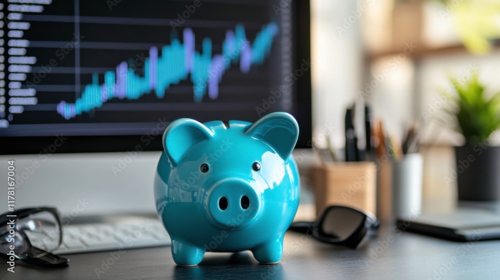Vibrant Piggy Bank on Computer Desk with Market Trends Vibrant Piggy Bank on Computer Desk with Market Trends