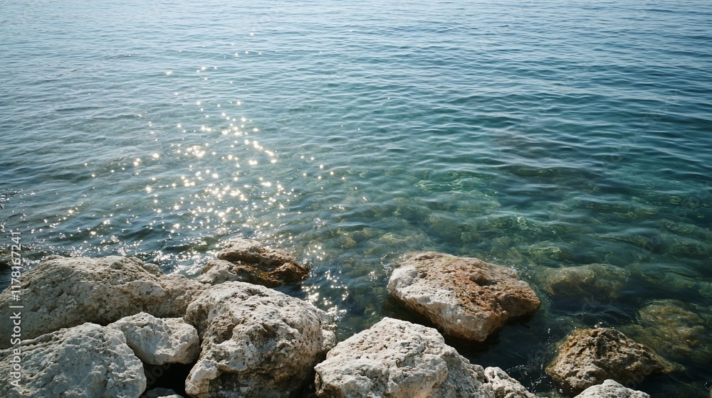 Clear blue sea water washes over sunlit rocks on a sunny day. Clear blue sea water washes over sunlit rocks on a sunny day.