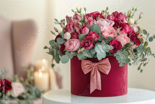 Bouquet of red and pink roses in a red round box with bow