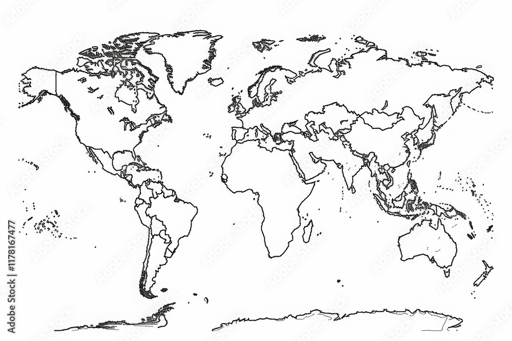 Fototapeta premium Outline of a world map in black line art showcasing continents and oceans ideal for educational and decorative purposes across various settings