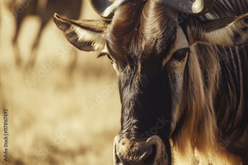 Horned animal face with detailed horns and fur, suitable for fantasy or mythology illustrations photo