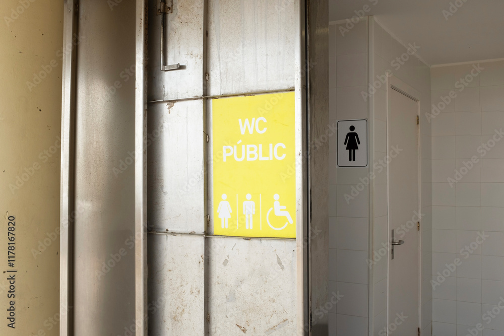 View of public toilet wc restroom with informative symbol signs View of public toilet wc restroom with informative symbol signs