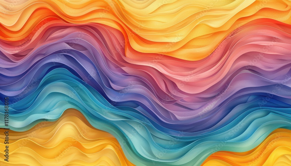 Rainbow Wave Abstract, Layered rainbow gradient in soft and bright hues creates abstract wavy patterns resembling colorful clouds.