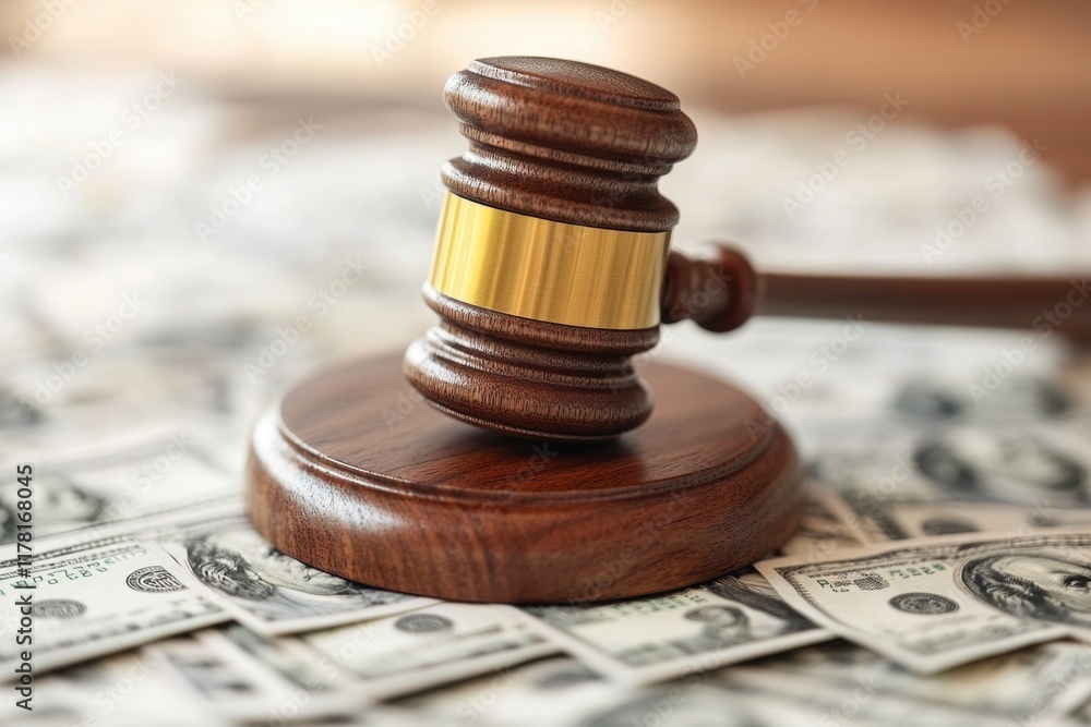 A wooden gavel sits atop a pile of money, symbolizing justice and finance A wooden gavel sits atop a pile of money, symbolizing justice and finance