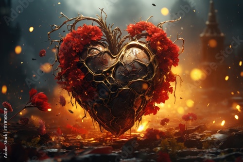 Un cœur mystique orné de roses écarlates émerge d'un paysage sombre et enflammé, symbolisant l'amour passionné et la résilience.