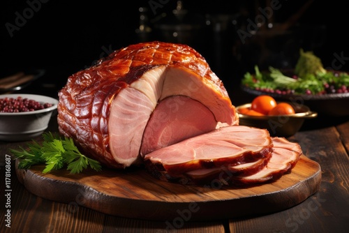 Homemade honeyglazed slowroasted ham with carvings displayed on a wooden board, perfect for festive gatherings or family dinners during the holiday season photo