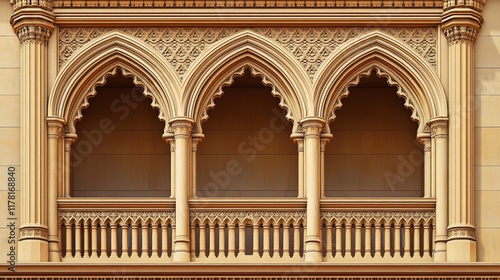 Triple arched gothic balcony with intricate stonework. photo