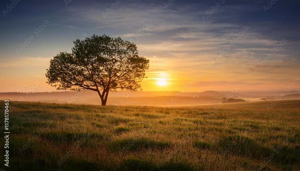 serene landscape with a solitary tree at sunrise serene landscape with a solitary tree at sunrise