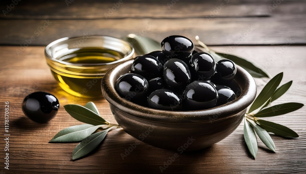 black olives in rustic bowl with olive leaves and olive oil black olives in rustic bowl with olive leaves and olive oil