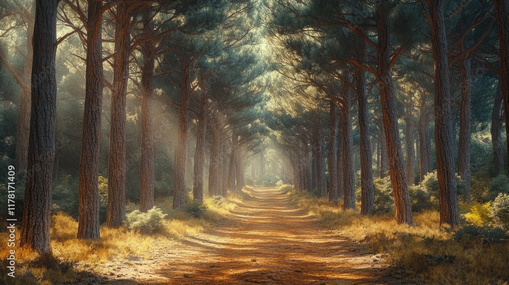 Fototapeta premium Serene forest pathway illuminated by soft sunlight filters through tree canopy. Generative AI