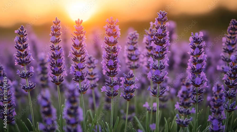 Naklejka premium Lavender Flowers Sunset Field Blooming Beauty