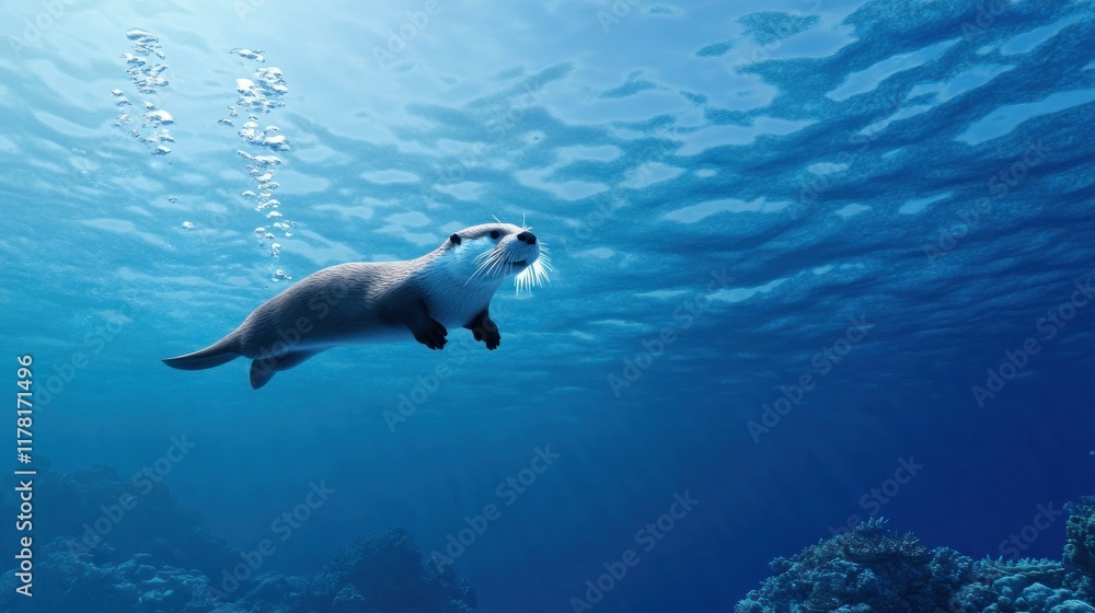 Fototapeta premium A playful otter swimming in a clear blue ocean.
