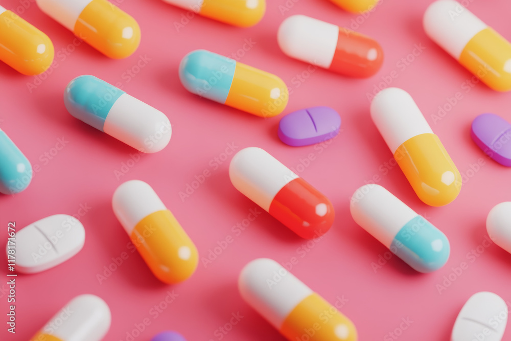 Colorful capsules and pills arranged on a pink background in a 3D flat design. Colorful capsules and pills arranged on a pink background in a 3D flat design.