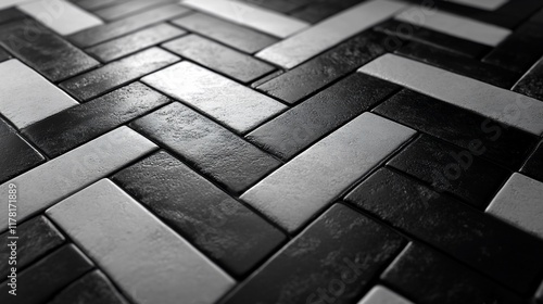 Black and white rectangular tiles in herringbone pattern