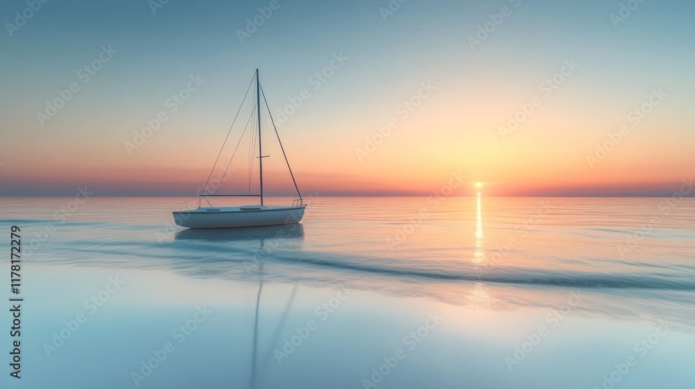 Fototapeta premium Tranquil sailboat at sunset on calm waters with colorful sky reflections. Generative AI