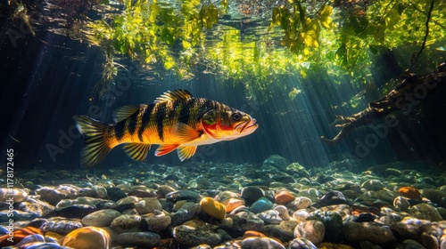 An underwater scene featuring a striped fish swimming among pebbles and aquatic plants. photo