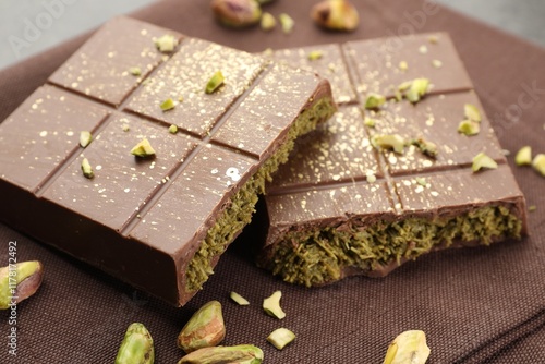 Photography Pieces of tasty Dubai chocolate bar with pistachios and knafeh on table, closeup