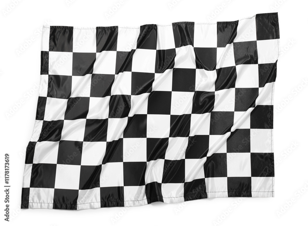Checkered finish flag isolated on white, top view