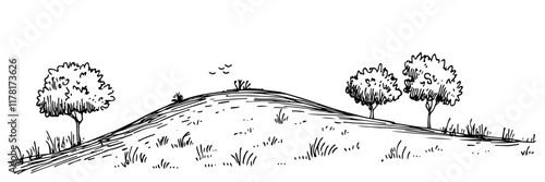 peaceful hill landscape with trees and grass hand-drawn illustration