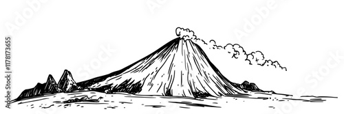 smoking volcano landscape with rocky terrain hand-drawn illustration