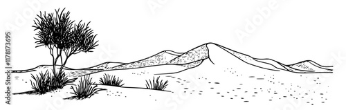 hand-drawn desert scene with sand dunes, tree, and shrubs in black and white