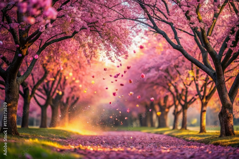 Fototapeta premium Surreal Pink Petals Falling from Windswept Tree, Dreamy Nature Background