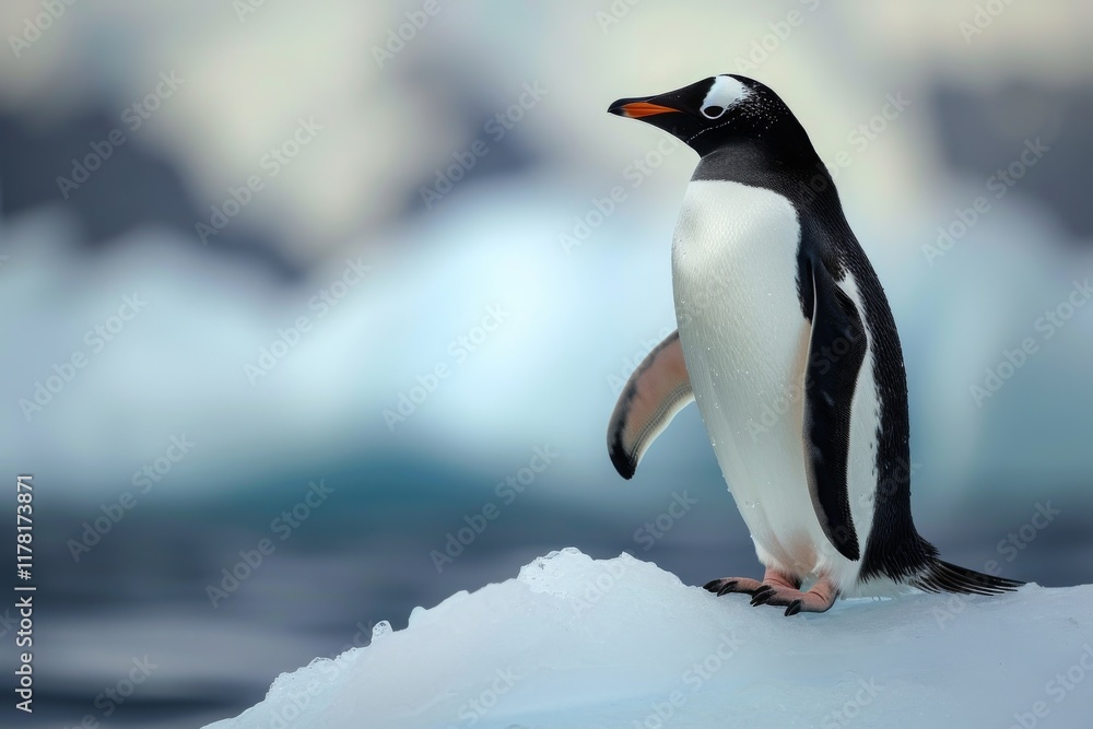 Obraz premium A solitary penguin standing proudly on a floating piece of ice in the ocean, exhibiting its unique features and vibrant colors during a serene winter day