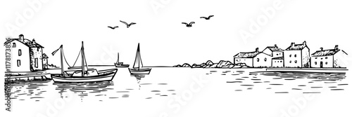 harbor scene with sailboats and coastal village, hand drawn sketch
