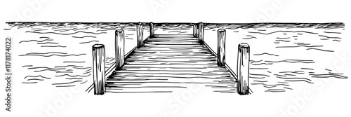 hand-drawn wooden pier extending over calm water in black and white