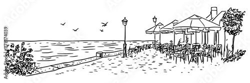 seaside cafe with umbrellas and chairs, hand drawn sketch