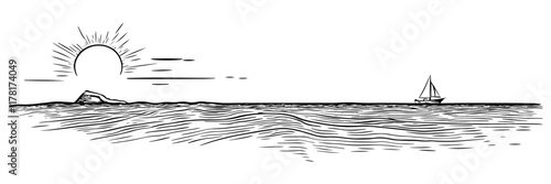 sunset over the sea with distant sailboat, hand drawn sketch