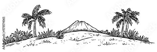 tropical landscape with volcano and palm trees, hand drawn sketch