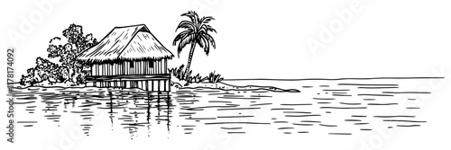 tropical bungalow on stilts by the sea, hand drawn sketch