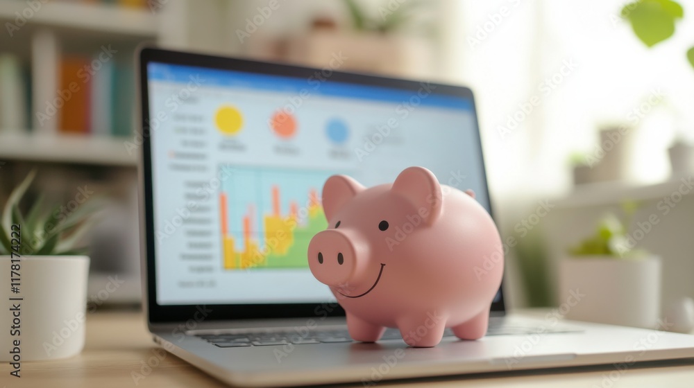 Pink Piggy Bank on Laptop with Colorful Charts Pink Piggy Bank on Laptop with Colorful Charts