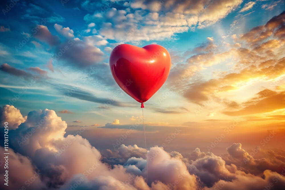 Fototapeta premium Surreal Red Heart Balloon Floating in Dreamlike Sky - Stock Photo