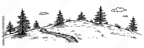 hand-drawn hilly landscape with pine trees and winding path in black and white