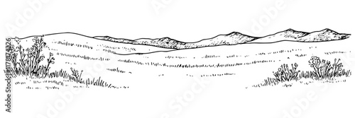 hand-drawn mountain range with open fields and bushes in black and white