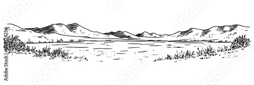 hand-drawn mountain landscape with open fields and bushes in black and white
