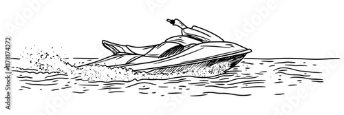 hand-drawn jet ski speeding across water with splashes in black and white