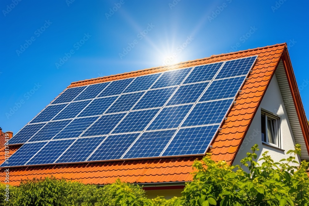 Solar panels installed on a modern rooftop provide renewable energy to a smart home under a clear blue sky during the day Solar panels installed on a modern rooftop provide renewable energy to a smart home under a clear blue sky during the day