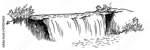 waterfall with flowing water and vegetation in black outline style