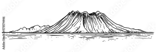 volcanic mountain with calm water reflection in black outline style
