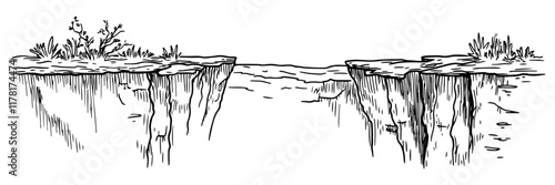 cliffs with vegetation overlooking a canyon in black outline style