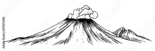 volcanic mountain with smoke cloud in black outline style