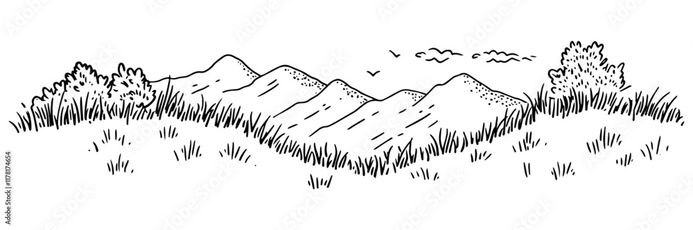 Fototapeta premium mountain landscape with grass and bushes in black outline style