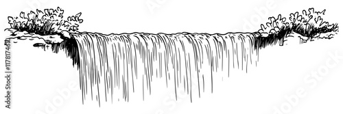 waterfall with bushes on both sides in black outline style