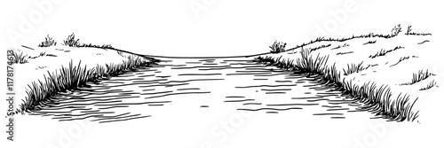 calm river with grassy banks in black outline style