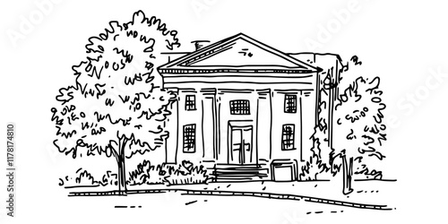 neoclassical building with columns and trees in black outline style