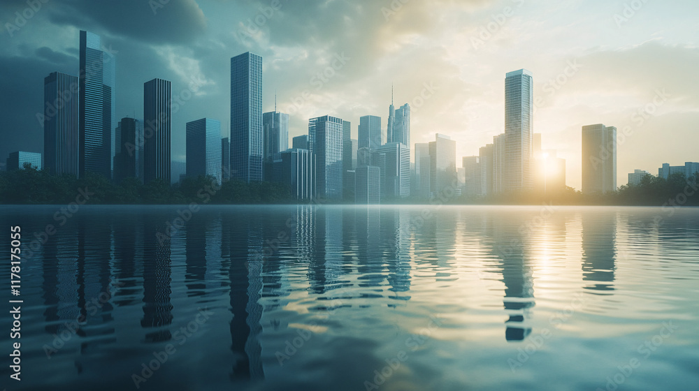 Fototapeta premium A city skyline partially submerged in floodwaters, with reflections of buildings in the water, symbolizing the impact of rising sea levels and heavy rainfall. 